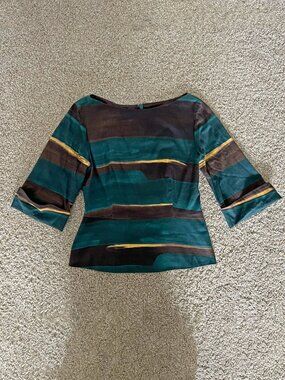 Lavia Abstract Stripe Cotton Earth Tone 3/4 Sleeve Snap Back Blouse Size S